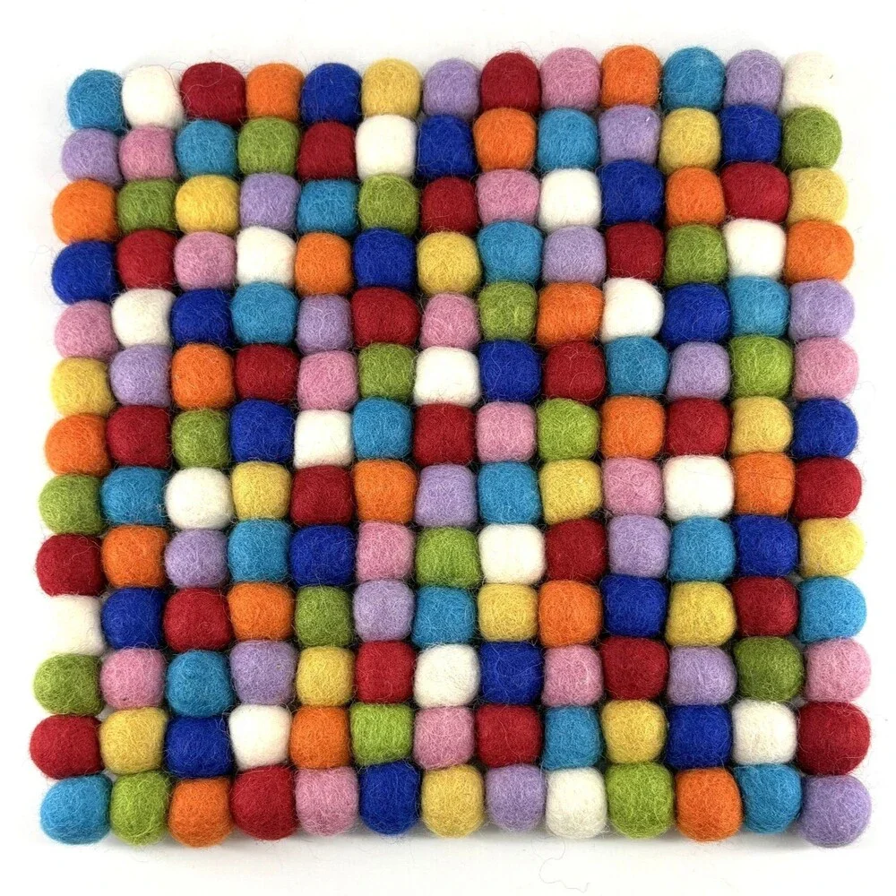 Handmade wool Felt Ball brightly colored square mat, coaster, hot pad - 8.5